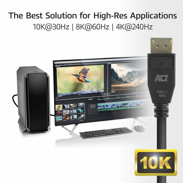 ACT Cable Display port 2.1 male-male, 8K@60Hz, 4k@240Hz, 1m, black 