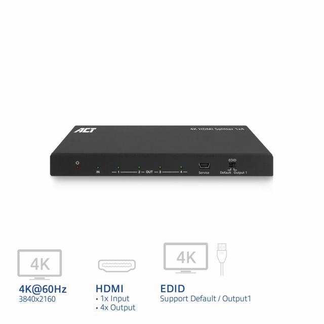 ACT HDMI Splitter AC7832 4K HDMI splitter, 1 input, 4 HDMI outputs 