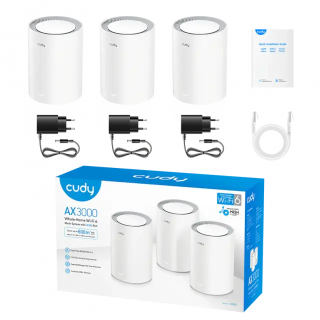 Безжична MESH система Cudy M3000, 3 броя, AX3000 Dual Band, 2.4/5 GHz, 574 -  2402 Mbps 