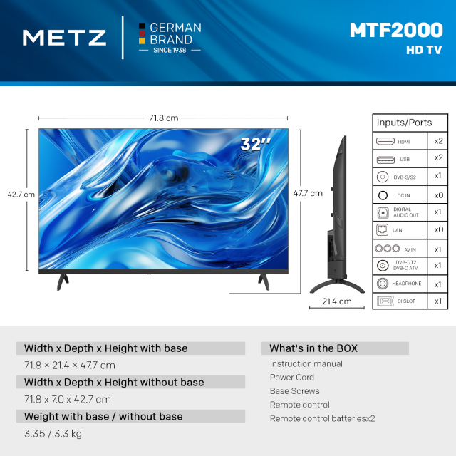 METZ TV 32" LED HD TV 1366x768, 2x10W 