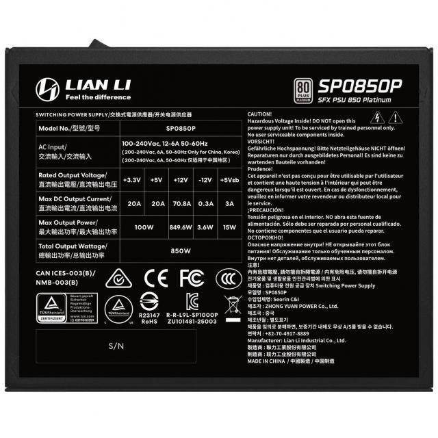 Power Supply Lian Li SP850 Black 850W 80+ Platinum PCIe 5.1, ATX 3.1 