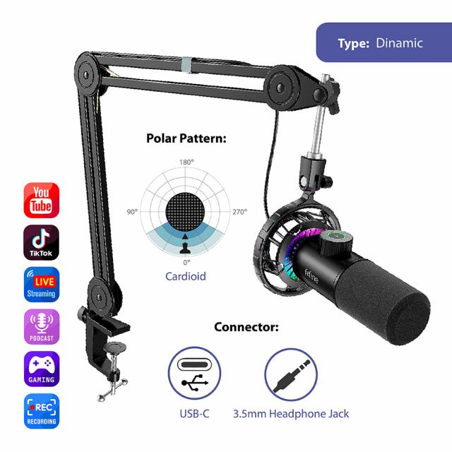 Microphone with Boom Arm FIFINE T658 Dynamic RGB - Black 