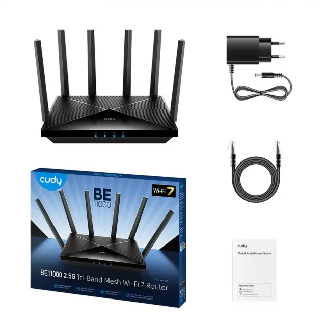 Wireless router Cudy WR11000, BE11000 Tri Band Wi-Fi 7, 4x2.5Gbps port, 6x5dBi antennas 